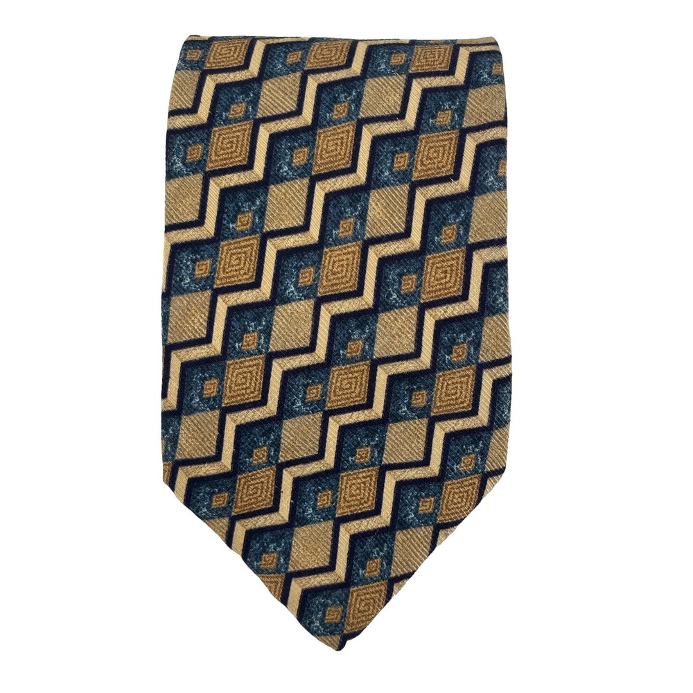 Ermenegildo Zegna Exclusive Design Silk Tie, Blue Gold Geometric Made in Italy
